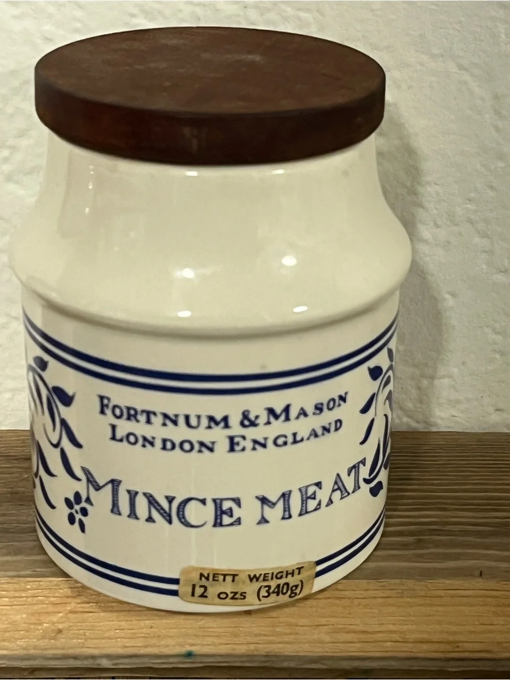 Fortnum & Mason White Ceramic 'Mince Meat' Storage Jar with Blue Detailing